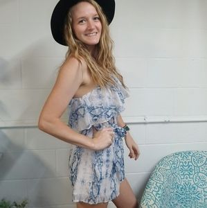 Blue snakeskin print one shoulder romper